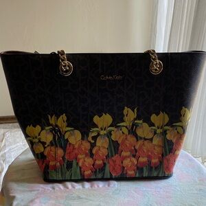 Calvin Klein Black and Orange Floral Tote
